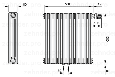 Схема (чертеж) Радиатор Zehnder Charleston 3100/11 №V008 Белый глянцевый RAL 9016